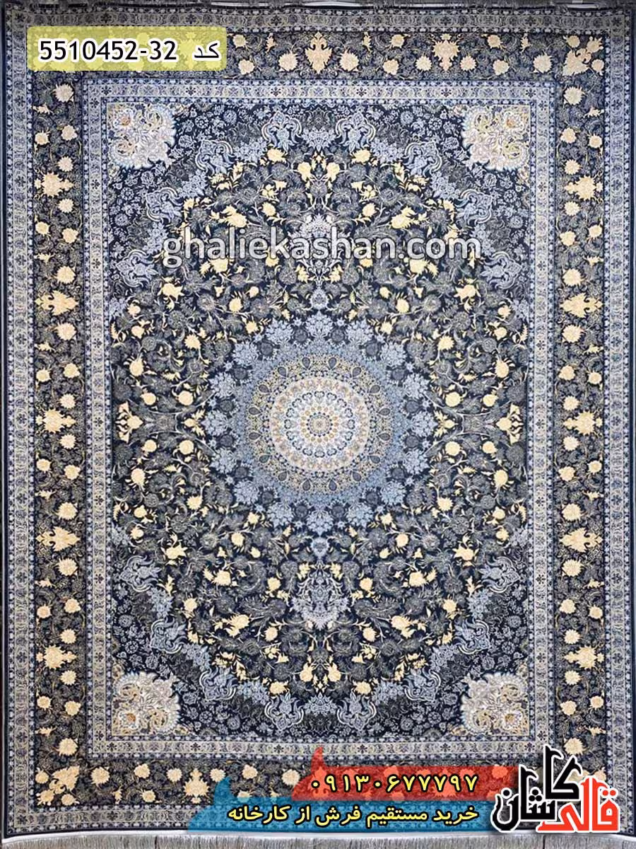 فرش طلاکوب 1500 شانه طرح گوناش زرین زمینه زغالی کاشان – گل برجسته