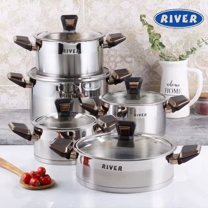 سرویس قابلمه استیل 10 پارچه ریور دسته رزگلد کد 3301 با ضمانت 18 ماهه ارسال رایگان