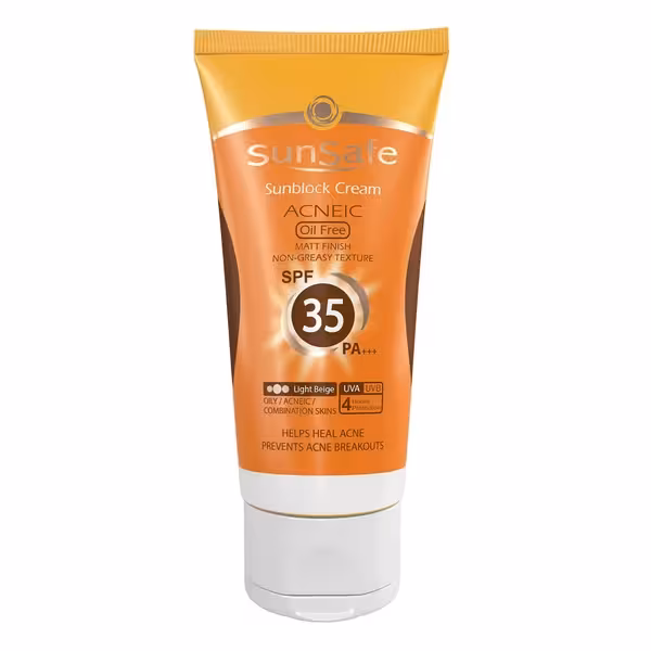 کرم ضدآفتاب فاقد چربی SPF35 کرم پودری بژ روشن سان سیف 50 گرم SunSafe