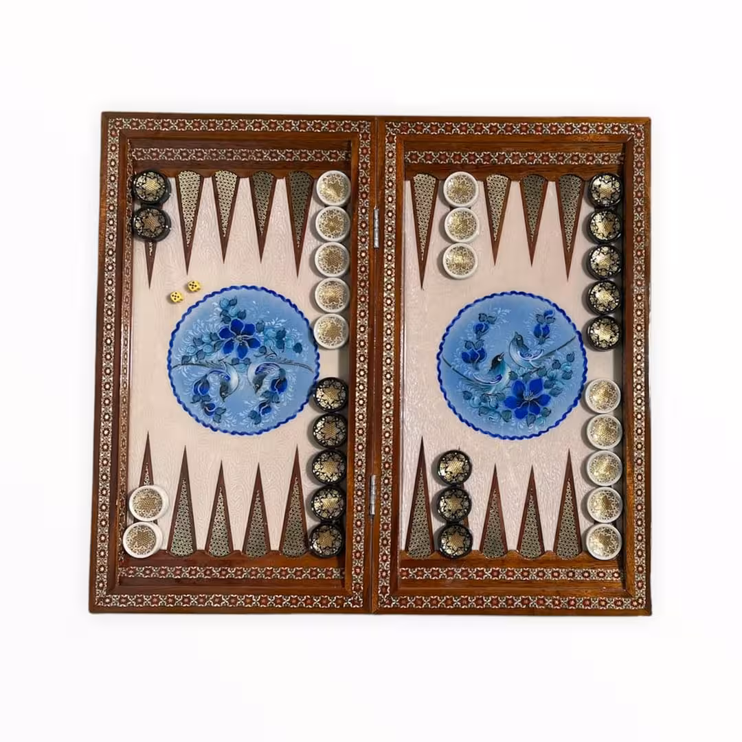 تخته نرد خاتم طرح گل و مرغ آبی