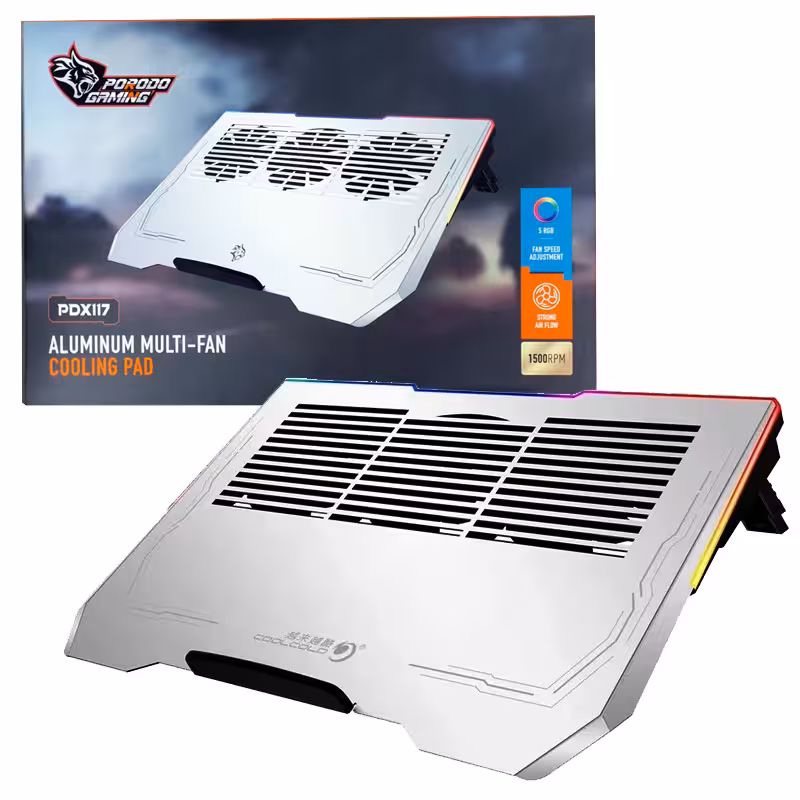 کول پد لپ تاپ 3فن آلومینیومی RGBدار گیمینگ پرودو مدل porodo gaming aluminium multi-fan PDX117