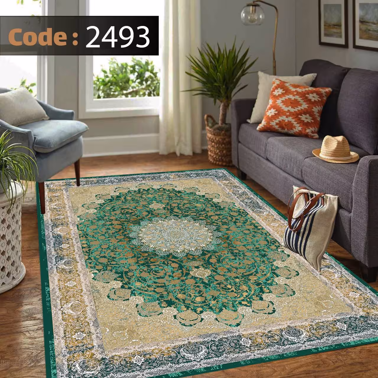 کاورفرش روفرشی دورکشدار گوشه لیفه ای لاکی ، آبی و متنوع کد 2493