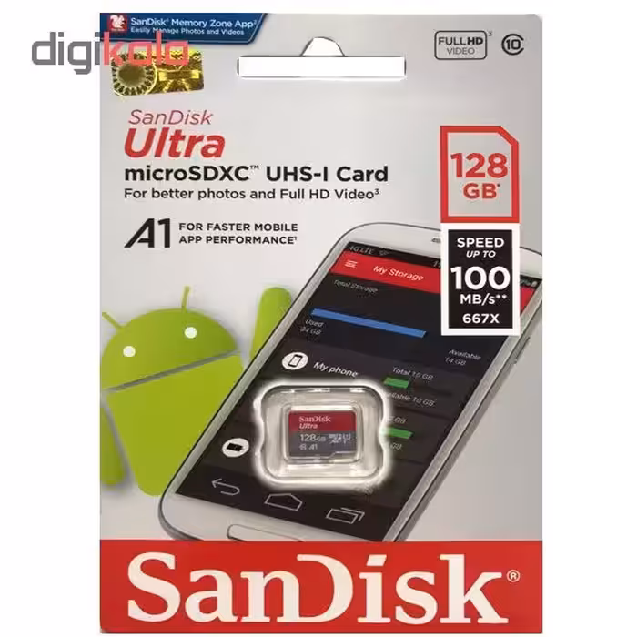 کارت حافظه microSDXC سن دیسک مدل Ultra A1 کلاس 10 استاندارد UHS-I U1 سرعت 100MBps ظرفیت 128 گیگابایت