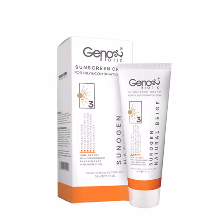 کرم ضد آفتاب ژنوبایوتیک مناسب پوست های چرب SPF50 | بژ طبیعی