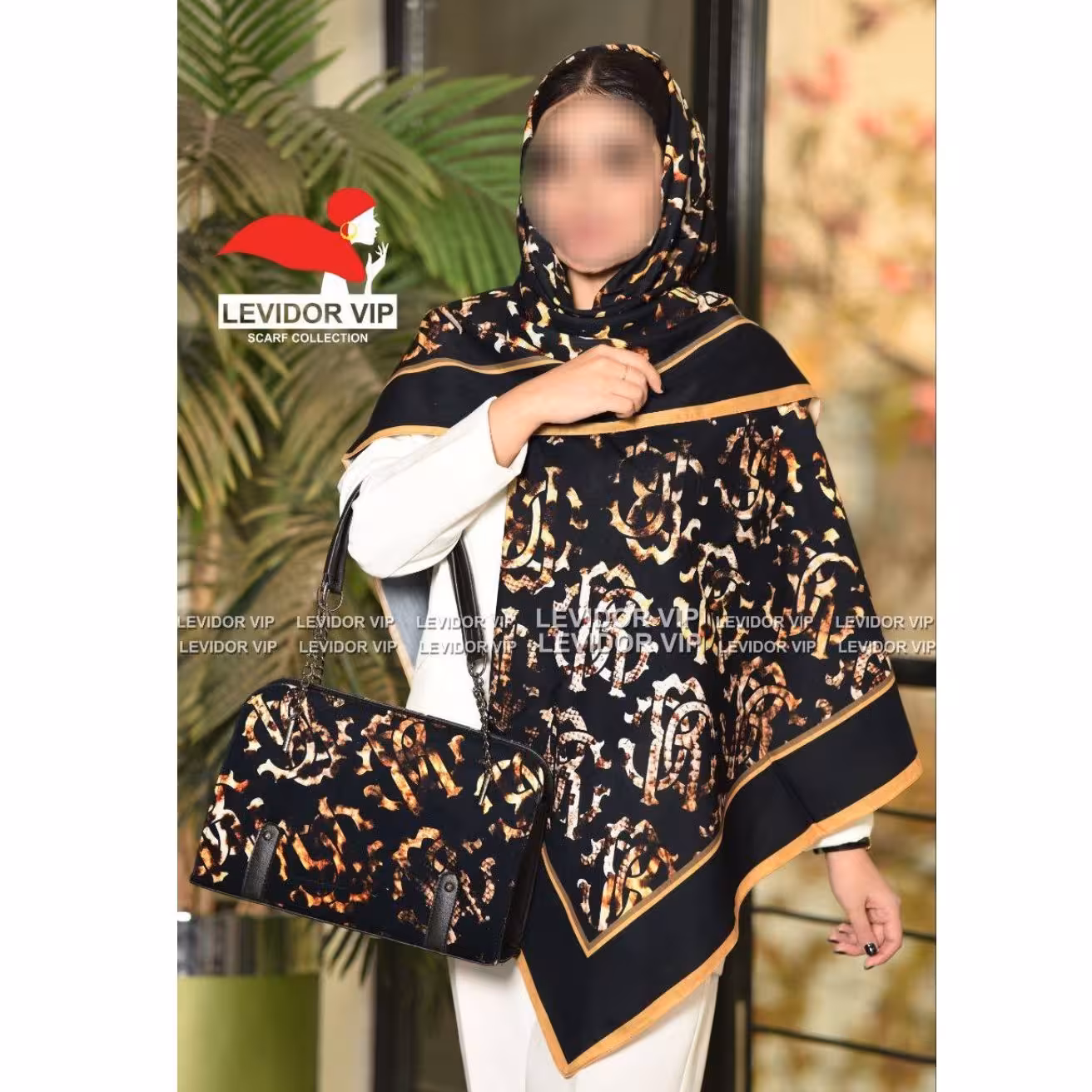 ست کیف و روسری رنگ مشکی طلایی با کیف بزرگ