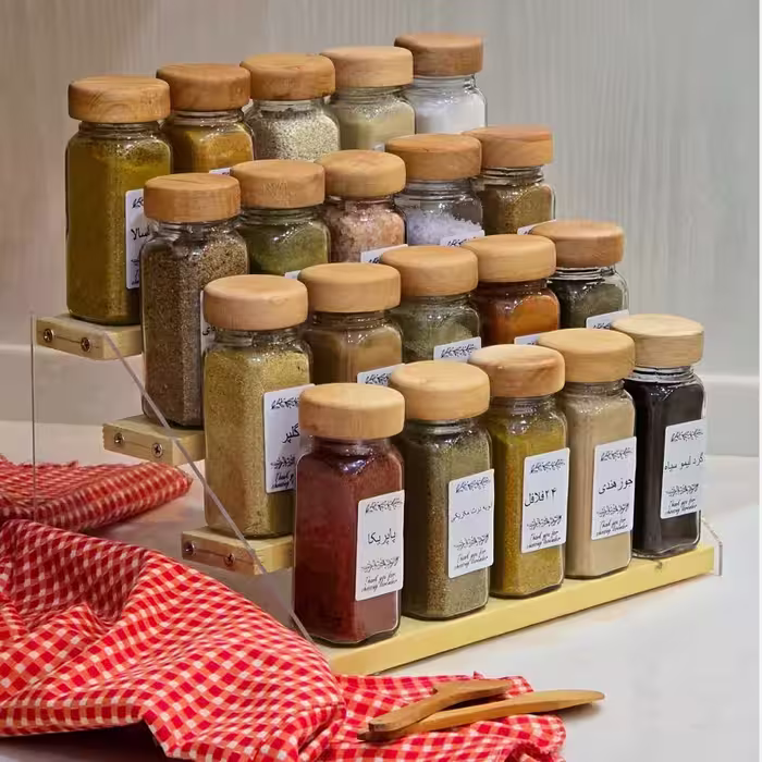 استند جا ادویه مکارتی 15 عددی عمده ترکیب پلاکسی و چوب چهار طبقه مدل 010 ارتین شاتوت (پس کرایه)