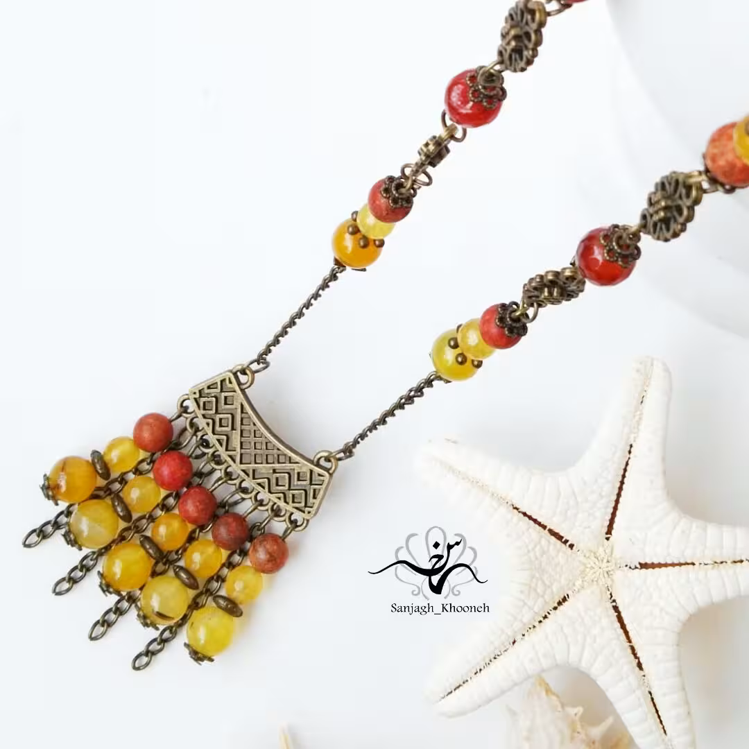 گردنبند برنز سنتی با سنگ جیر و سنگ جاسپر و سنگ عقیق