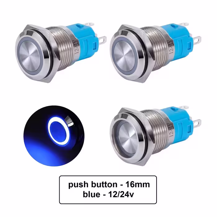 کلید شستی استیل آبی LED دار قطر 12V/24V – 16mm