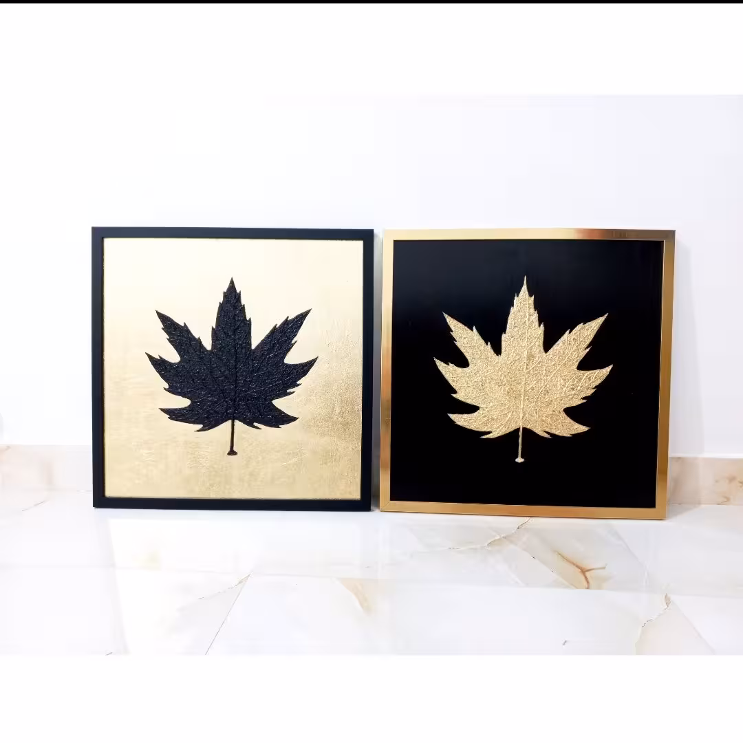 تابلو نقاشی مشکی طلایی ورق طلا مدل برگ  01 