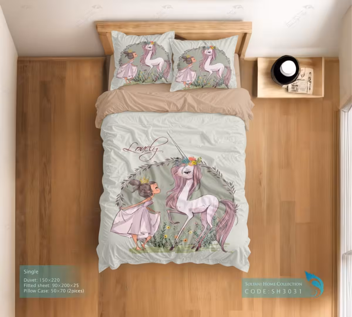 روتختی و ست کامل طرح دختر کوچولو و تک شاخ سایز یکنفره کد SH3031