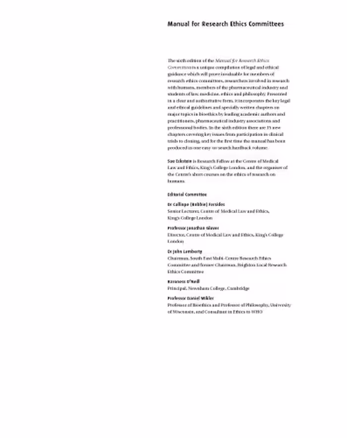 خرید و دانلود نسخه کامل کتاب Manual for Research Ethics Committees: Centre of Medical Law and Ethics, King&#039;s College London