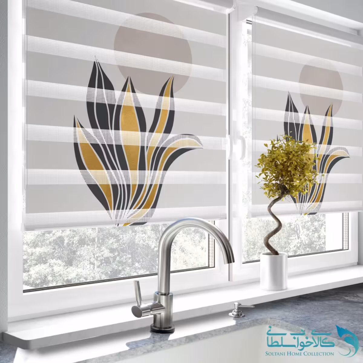 پرده زبرا طرح گل آگاو آشپزخانه کد FR1709