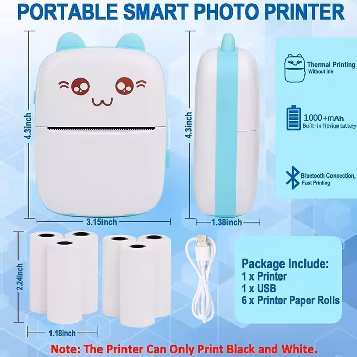 مینی پرینتر حرارتی چاپ گر فوری وصل شدن با بلوتوث بدون نیاز به جوهر 