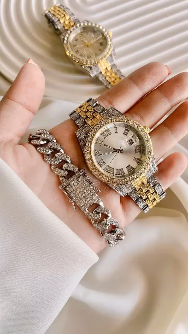 ساعت رولکس نگینی فول استون زنانه مردانه بهمراه دستبند