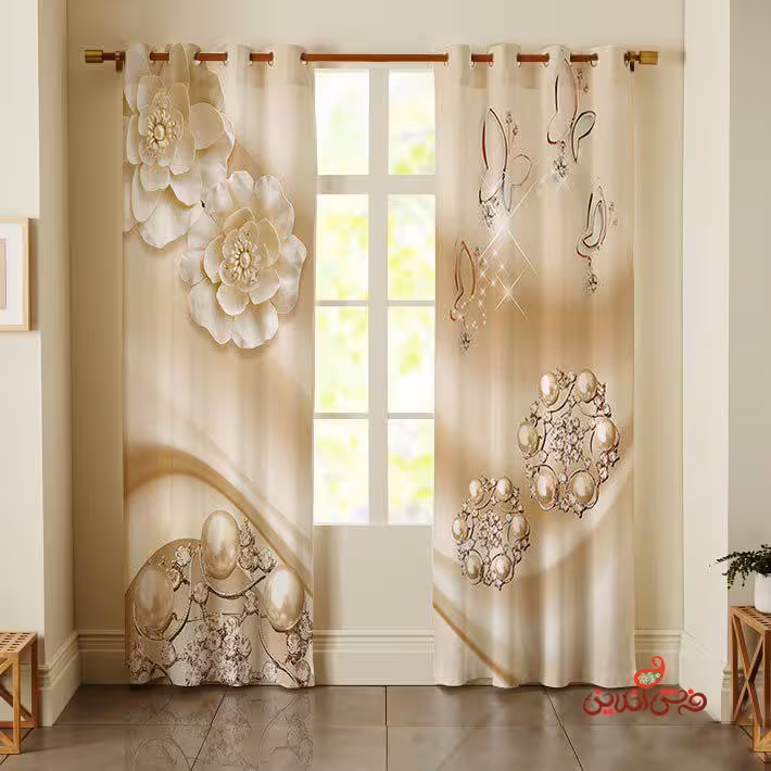 پرده 2عددی طرح گل و مروارید کد 2390