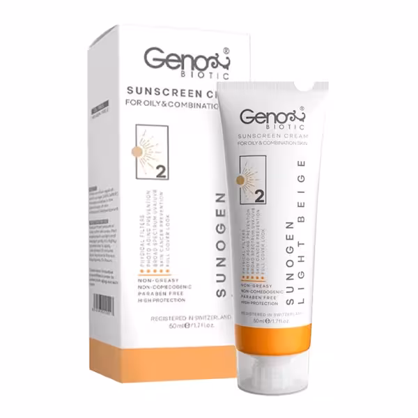 کرم ضد آفتاب رنگی بژ روشن ژنو بایوتیک SPF50 پوست چرب و مختلط