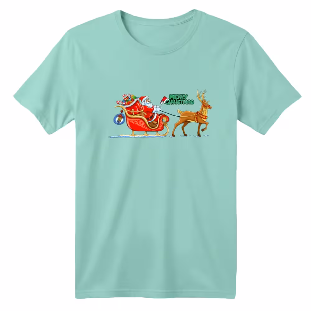 تی شرت آستین کوتاه بچگانه مدل بابانوئل و گوزن کریسمس کد 2 رنگ سبز روشن