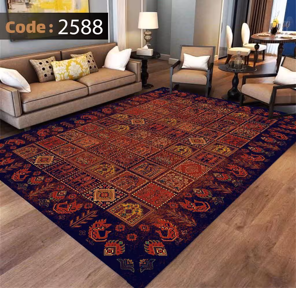 کاورفرش روفرشی دورکشدار گوشه لیفه ای لاکی ، آبی و متنوع کد 2588
