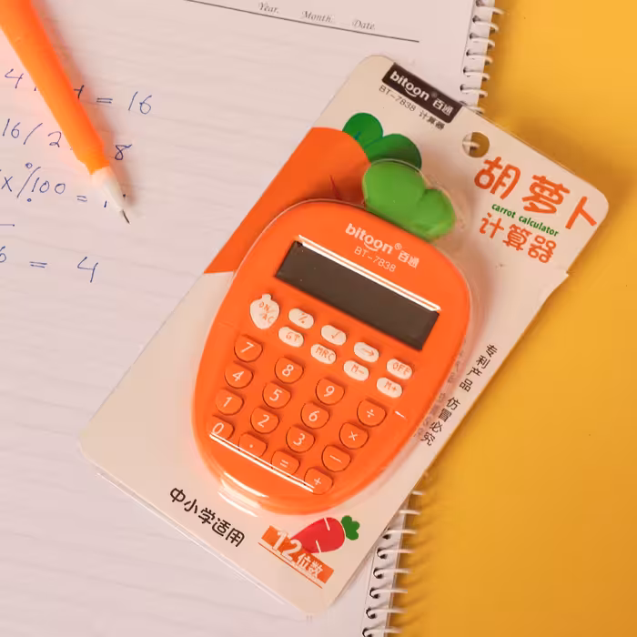 ماشین حساب هویجی نارنجی وارداتی ابعاد 12 در 7 سانتیمتر