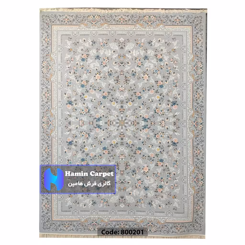 فرش 4 متری 700شانه تراکم 2550 نخ آکلریک رنگ زمینه نقره ای کد AR800201