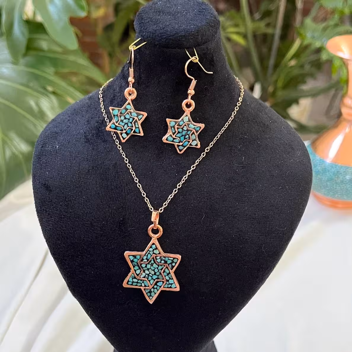 نیم ست زیورآلات مسی فیروزه کوبی مدل  ستاره دوبل