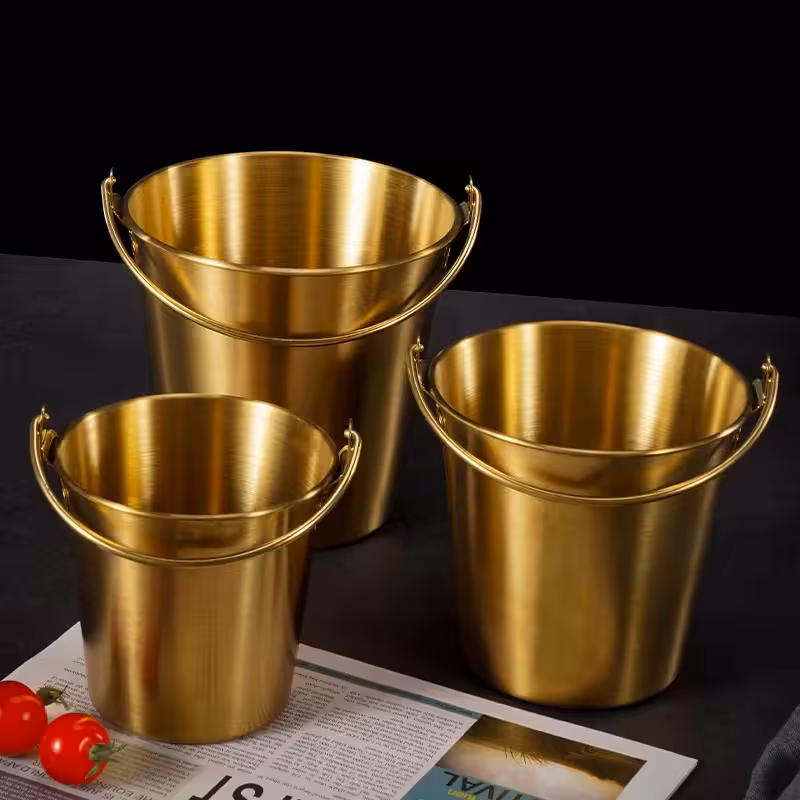 سطل یخ و مزه استیل طلایی 3 سایز (0.7 -1.1-1.7) لیتر