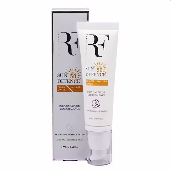 کرم ضد آفتاب بدون رنگ پوست خشک SPF50 رویال فم (RF) 50 میلی لیتر | RF Sun Defense Fusion Water For Dry & Sensitive Skin SPF50 50ml