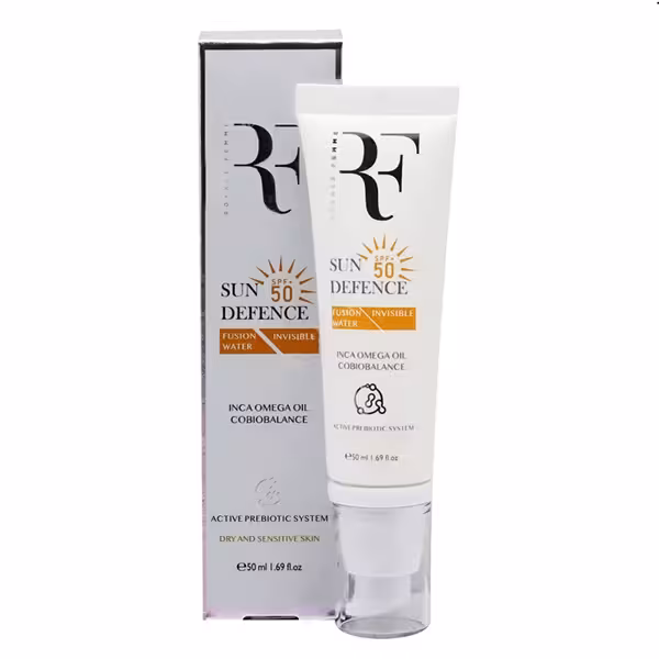 کرم ضد آفتاب بدون رنگ پوست خشک SPF50 رویال فم (RF) 50 میلی لیتر | RF Sun Defense Fusion Water For Dry & Sensitive Skin SPF50 50ml