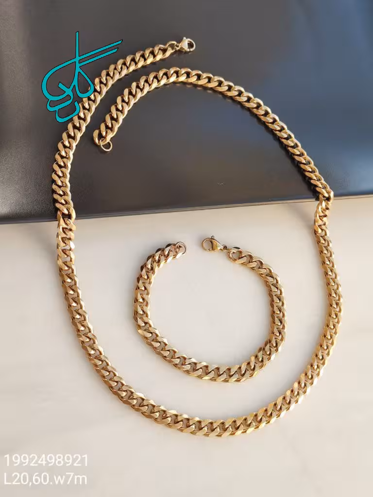 خرید ست گردنبند و دستبند استیل رنگ طلایی کد 1815199 - ردگل