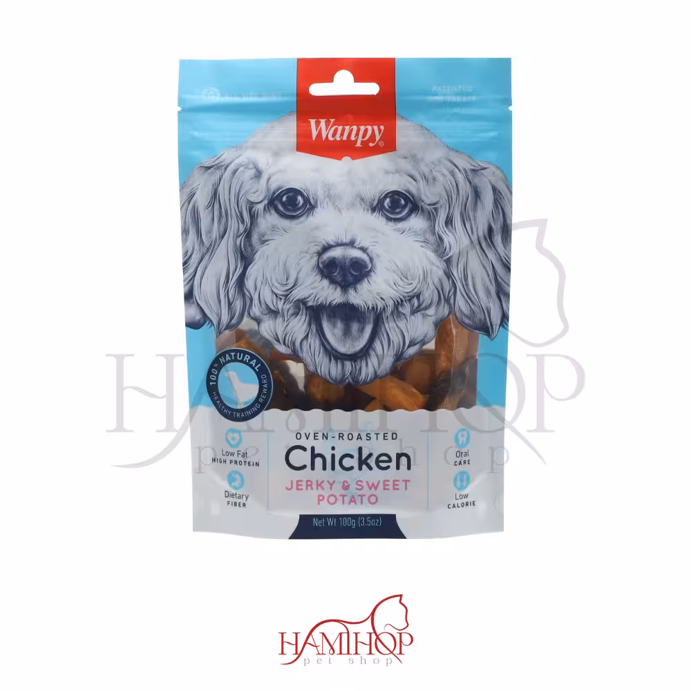 تشویقی سگ ونپی طعم مرغ و سیب زمینی شیرین مدل Chicken jerky & sweet potatoوزن 100 گرم