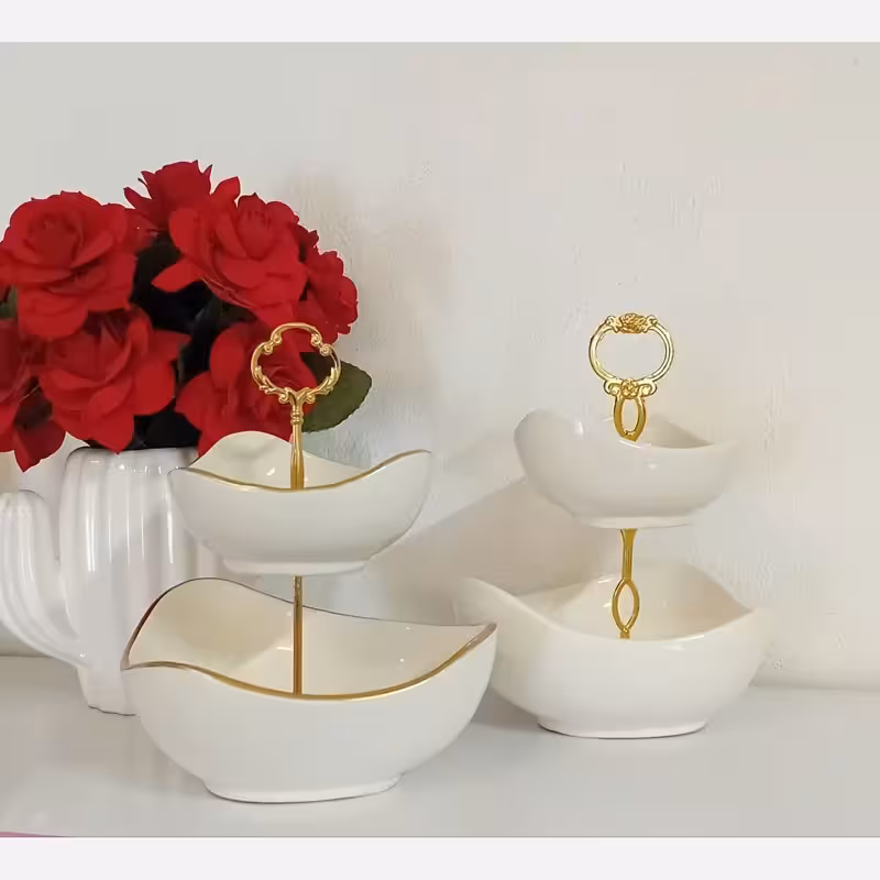 اردوخوری سرامیکی 2طبقه لب طلا آجیل خوری سرامیکی دوطبقه تنقلات خوری دوطبقه سرامیکی شیرینی خوری دوطبقه سرامیکی