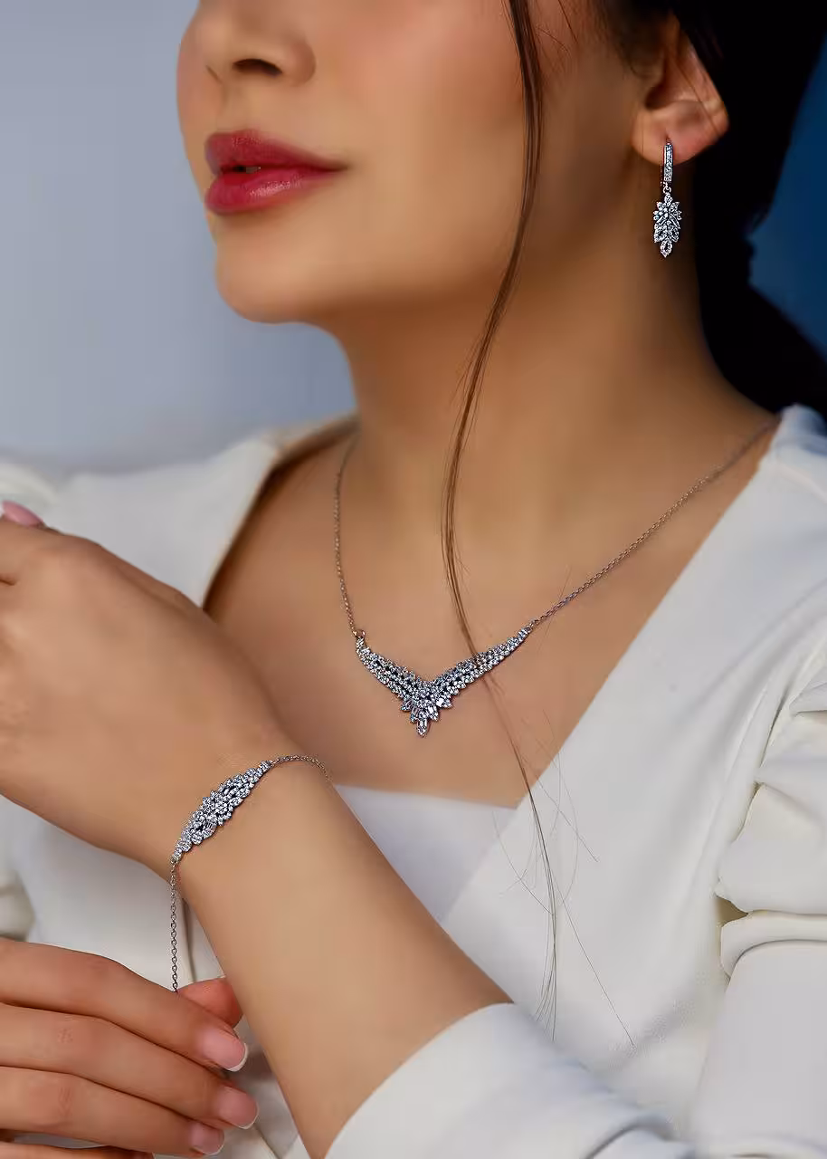 سرویس زنجیری نقره جواهری زنانه کد 60409