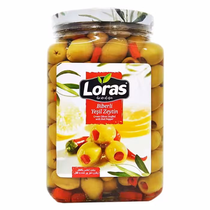 زیتون لوراس با مغز فلفل حجم خالص 900 گرم