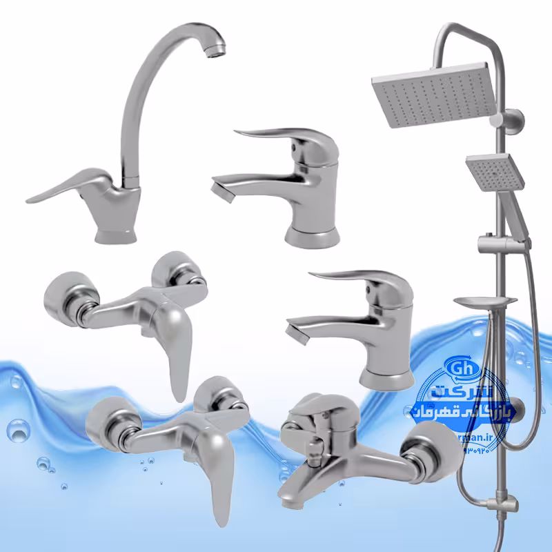 ست 7 عددی شیرآلات آیدا صنعت مدل قهرمان | شیر ظرفشویی   2 عدد روشویی   حمام   2 عدد توالت   علم دوش رسوب‌گیر اتومات | کروم مات