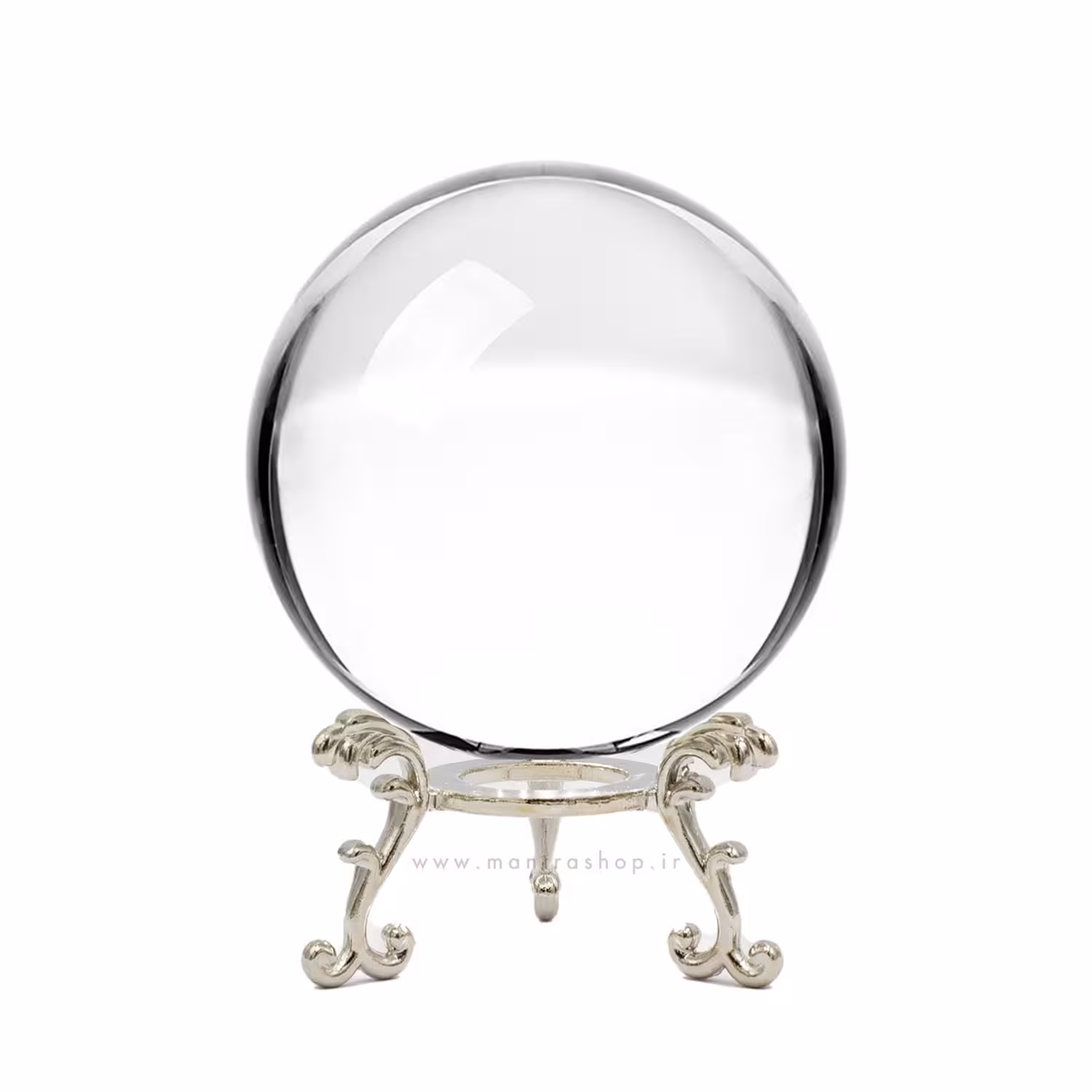 گوی کریستال K9 شفاف همراه با پایه فلزی نقره ای – قطر 100 میلیمتر
