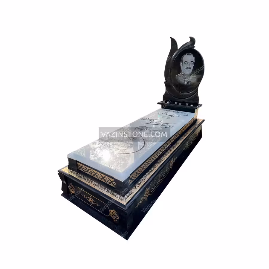 سنگ مزار سفید مشکی با باکس سندبلاست طلایی