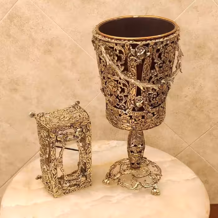 سطل و جا دستمال برنزی طرح جدید رومیزی پایه دار