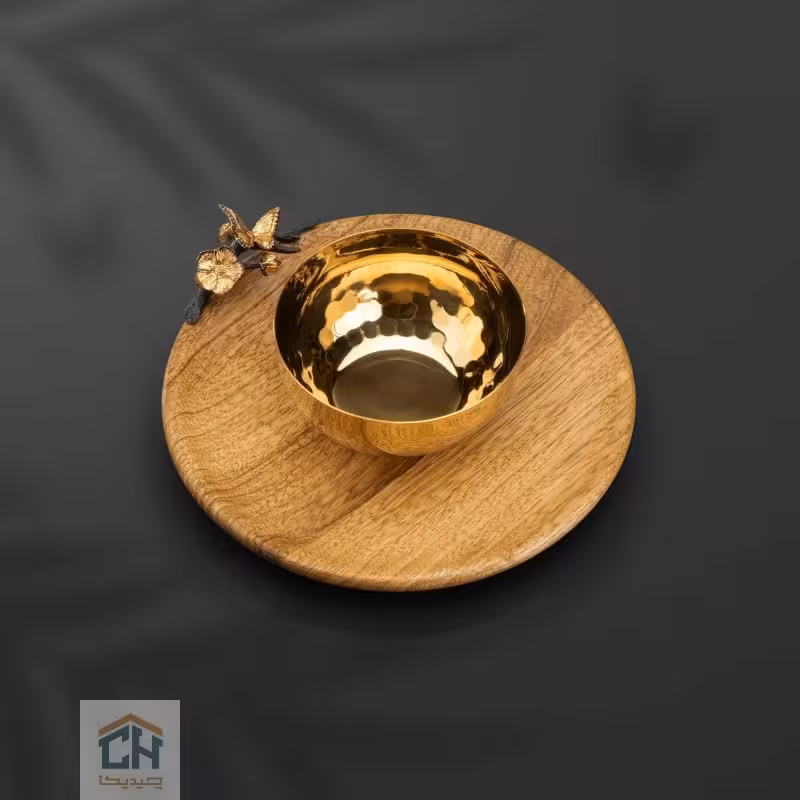 پیاله و پیش دستی چوب و برنج گلدکیش طرح butterfly wood مدل GK829800