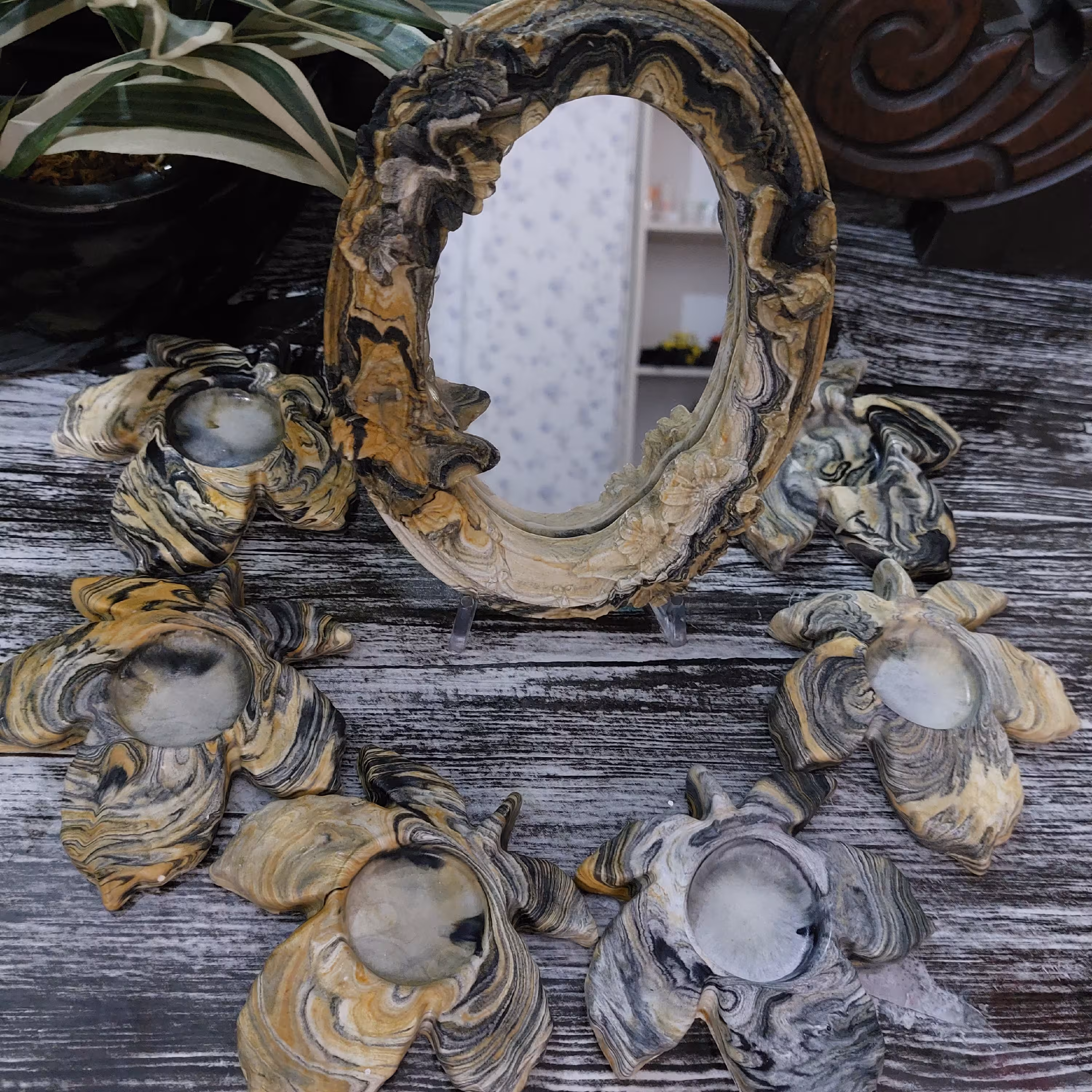 پک هفت سین کامل،آینه و 6عدد ظرف هفت سین طرح برگ که جای وارمر هم قابل  استفادست،دکوری،تزیینی