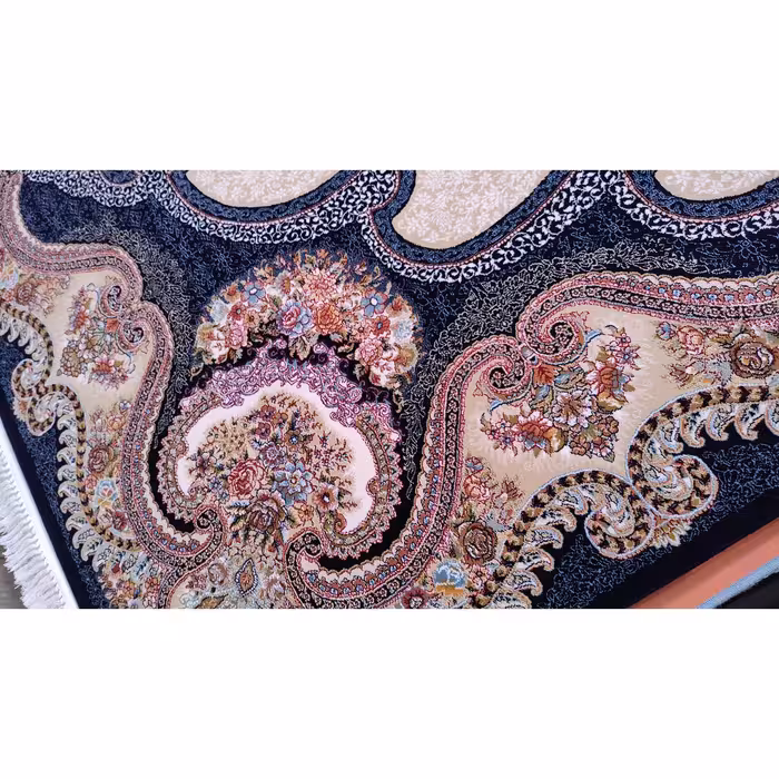 فرش ماشینی زمرد مشهد مدل گلنما زمینه سرمه ای