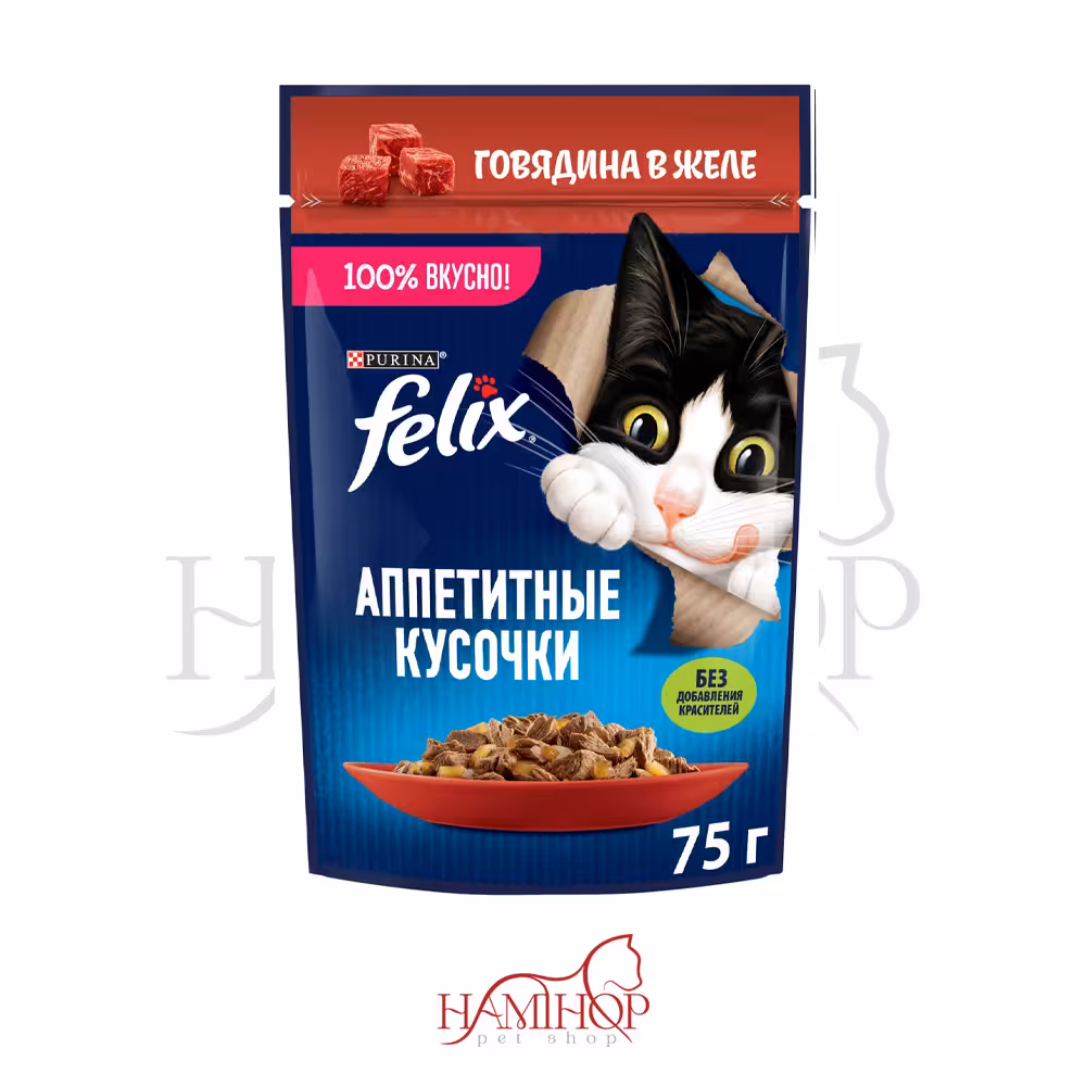 پوچ گربه فلیکس با طعم گوشت در ژله Felix Meat Slices beef in jelly وزن 75 گرم