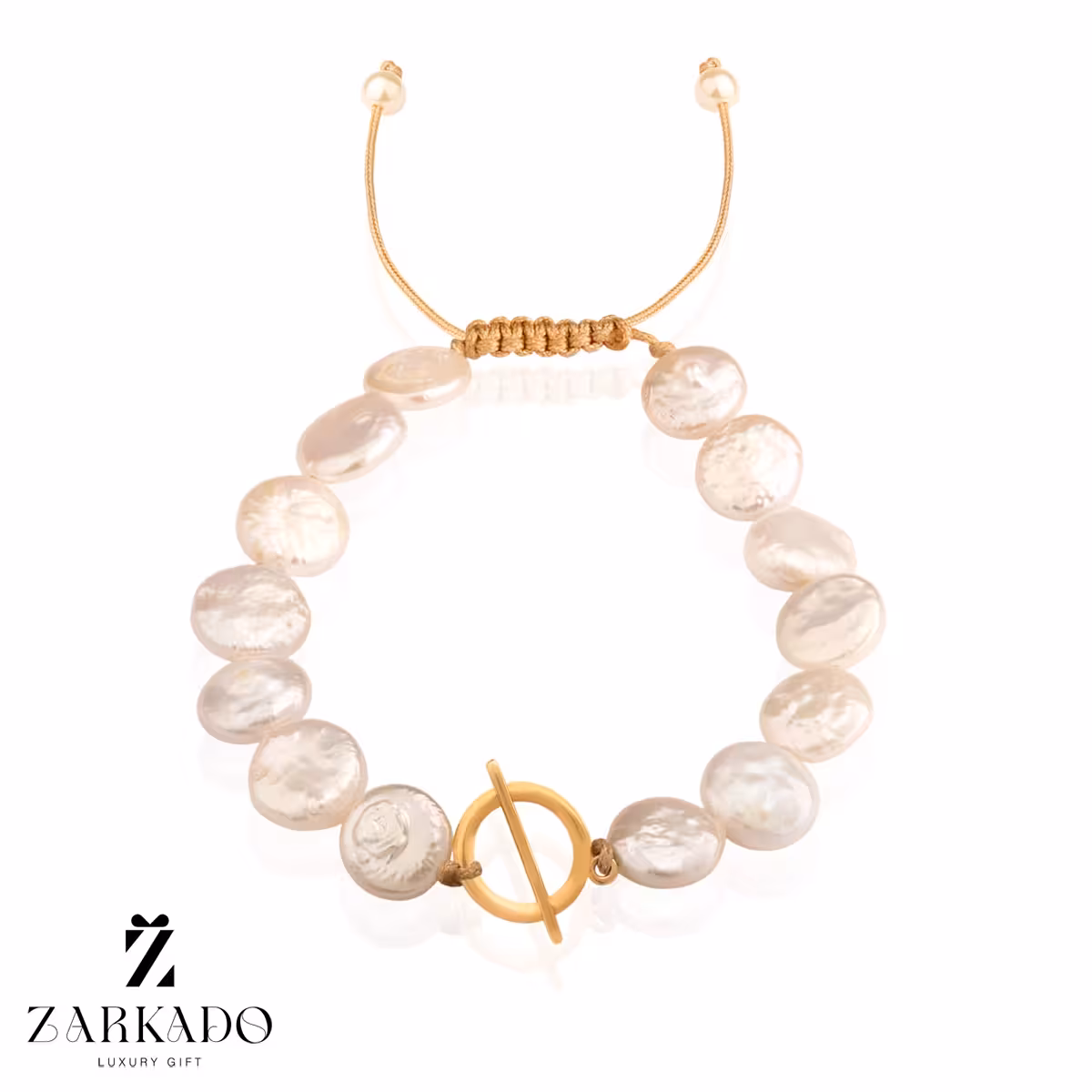 دستبند مروارید باروک دایره سفید با پلاک تیفانی طلا