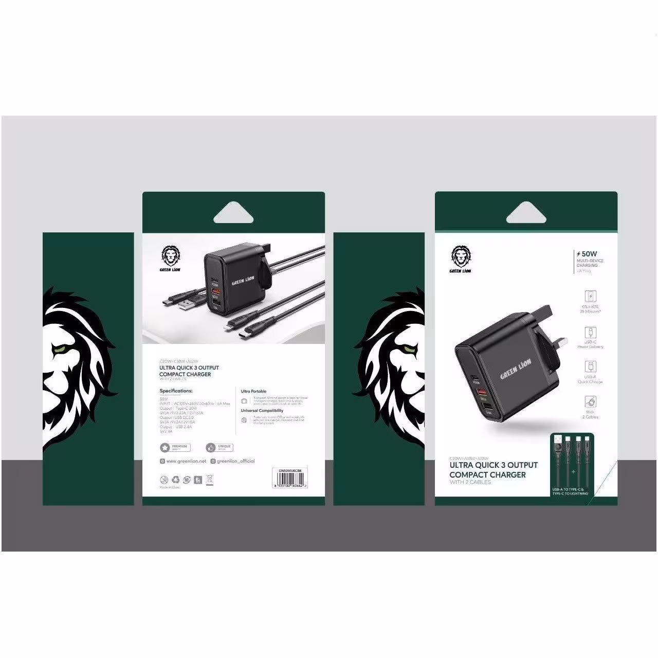 شارژر دیواری 50 وات گرین با کابل یو اس بی به تایپ سی و تایپ سی به تایپ سی Green Ultra Quick 3 output Compact Charger