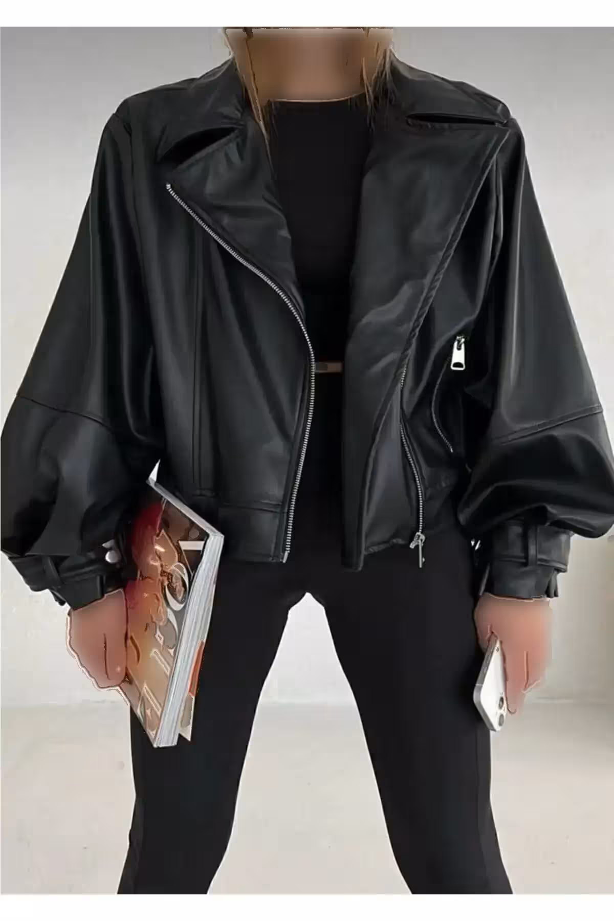 ژاکت چرم مشکی آستین بالا - 10346