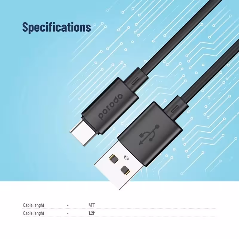 کابل Porodo مدل Blue 3AACC USB-A to Type-C PVC 1.2m