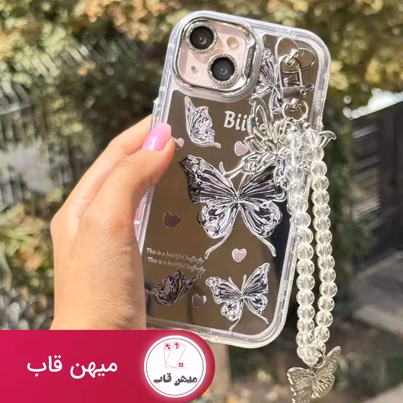 قاب گوشی آیفون butterfly آینه ای با محافظ لنز رینگی و آویز چسبی - کد (41791)