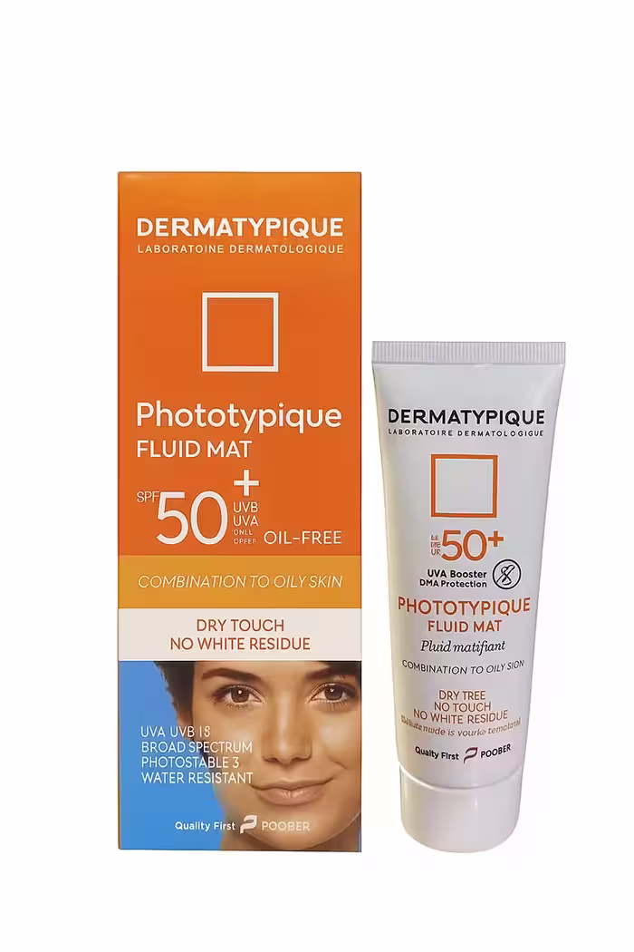 ضد آفتاب فلوئید درماتیپیک بی رنگ پوست چرب مدل Fluid Mat با SPF 50 و حجم 50 میلی لیتری