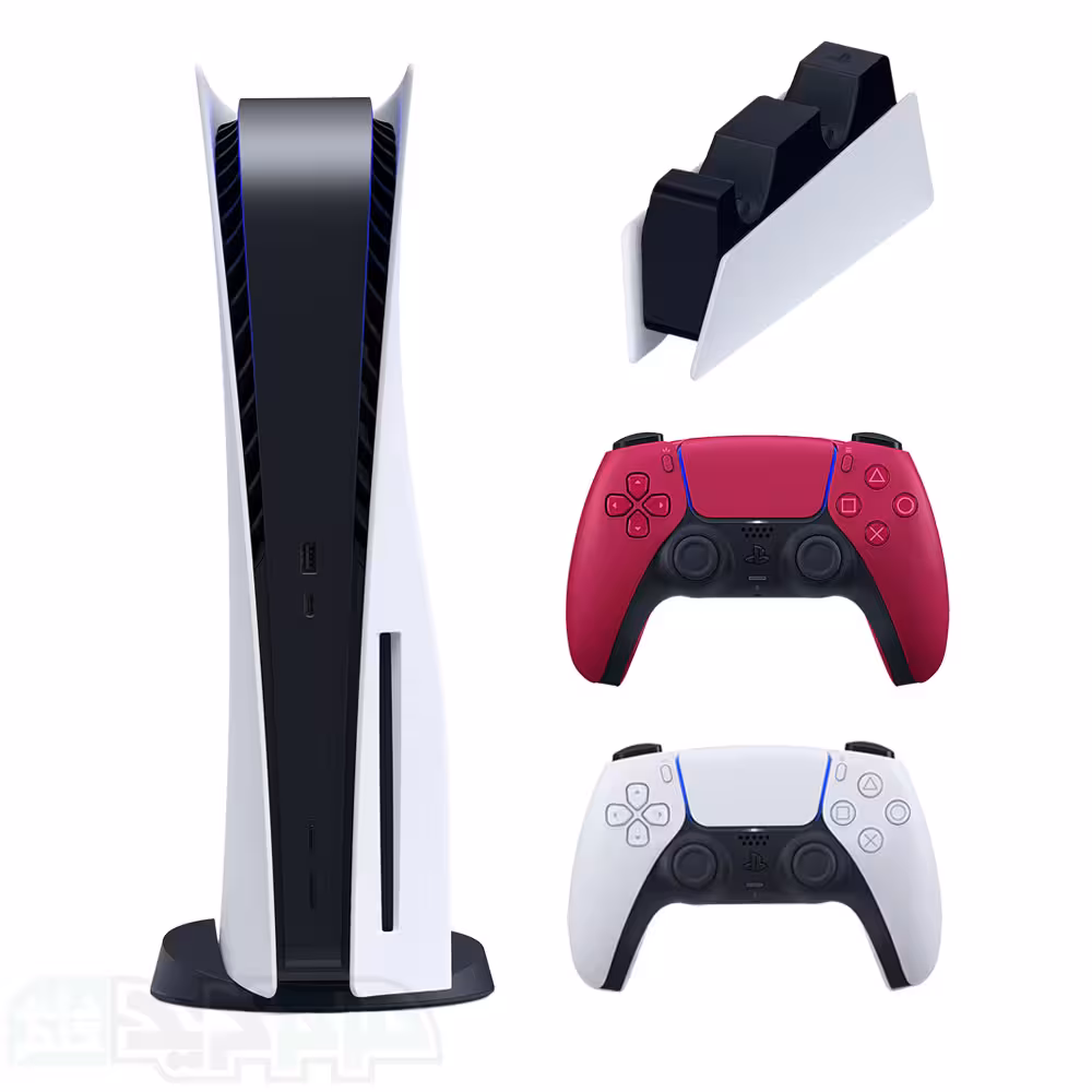 پلی استیشن 5 با درایو با دسته قرمز و پایه شارژر