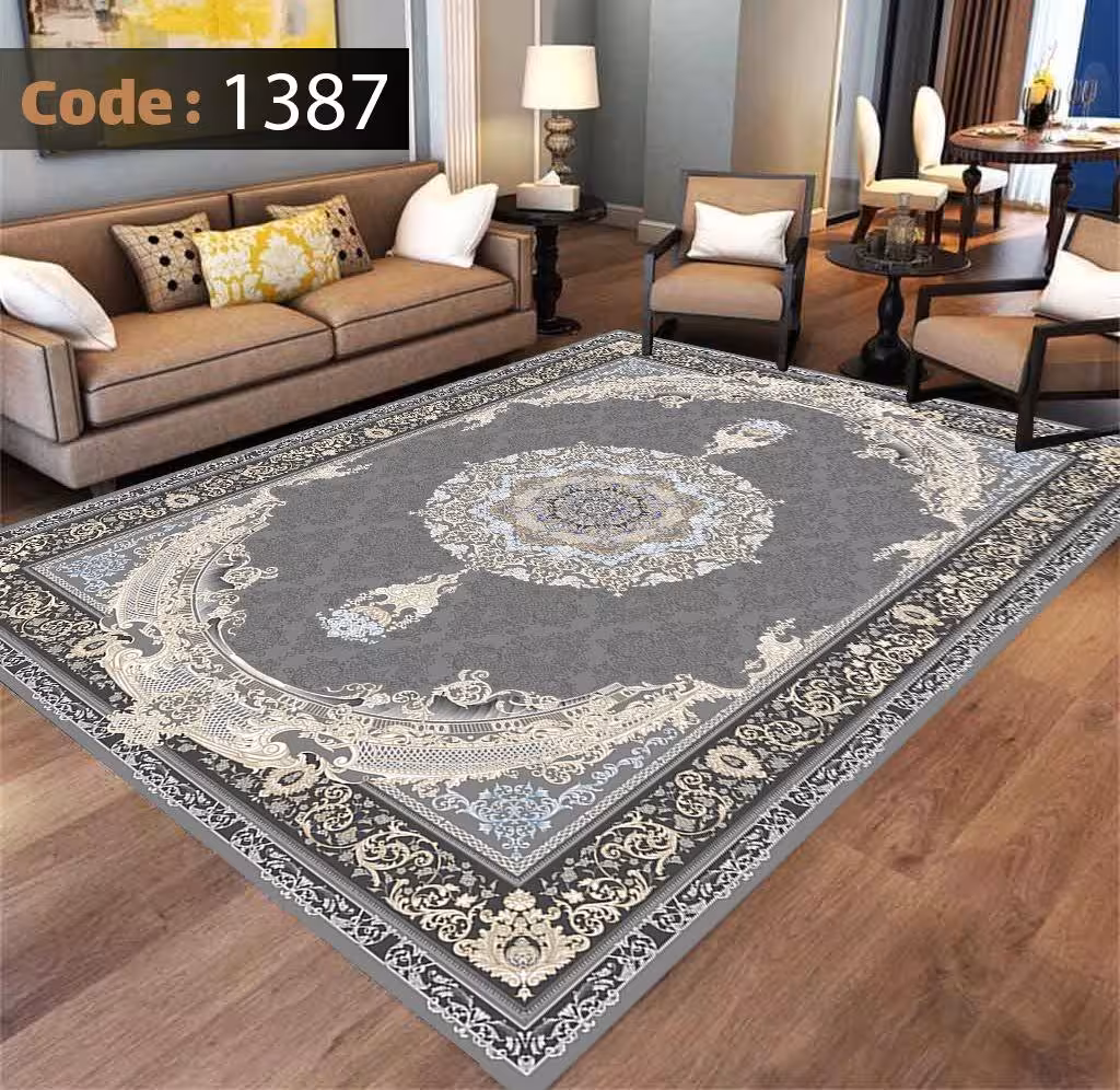 کاورفرش روفرشی دورکشدار گوشه لیفه ای طوسی کرم کد 1387