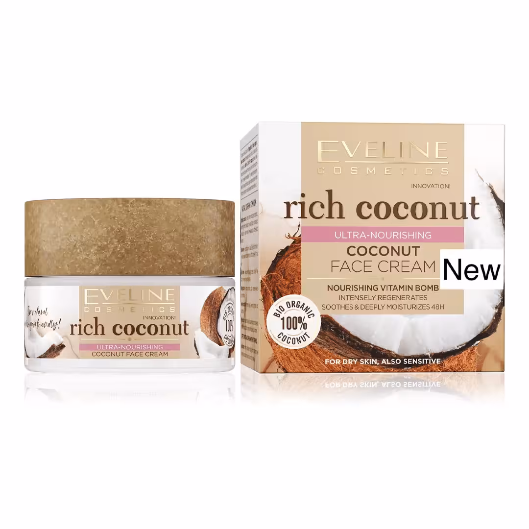 کرم فوق تغذیه‌کننده صورت Eveline Rich Coconut ارگانیک برای پوست خشک – 50 میلی‌لیتر